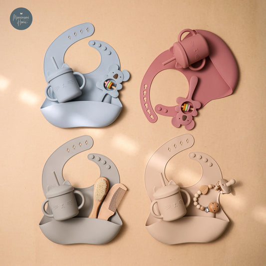 "Ultimate Baby Birthday Gift Set: Silicone Bibs, Rattle Cup, Bath Brush & More! Perfect for Photoshoots and Precious Moments. Comes in a Stylish Packaging Box!"