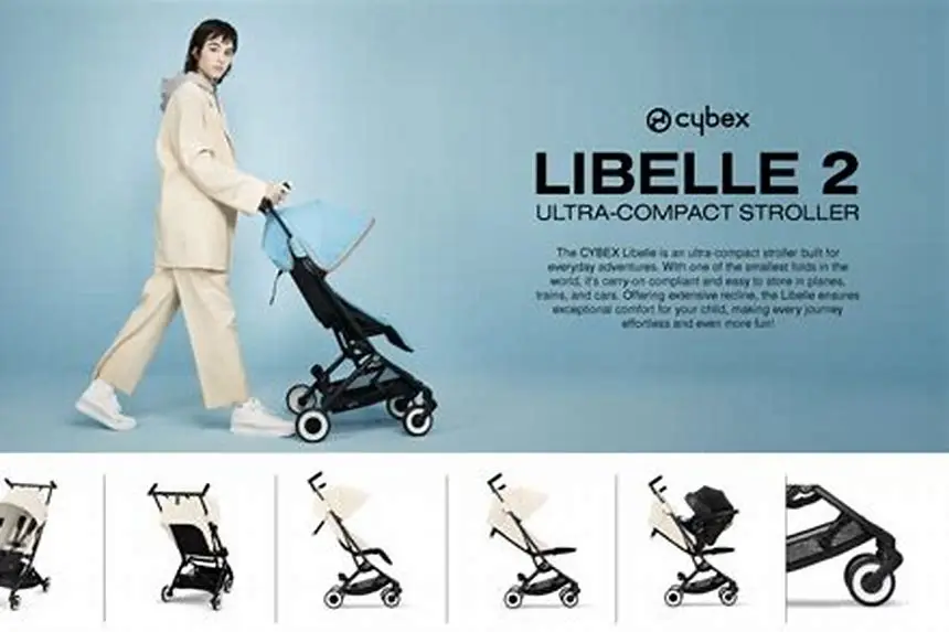 Cybex Libelle 2 stroller folded and standing upright at airport gate