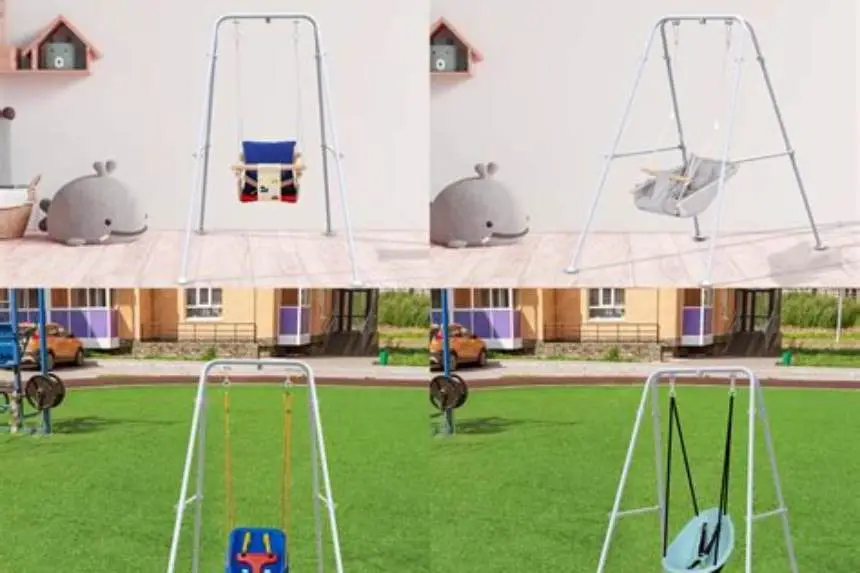 Toddler bucket swing hanging from backyard A-frame swing set