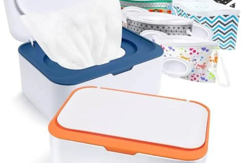 refillable baby wipes container inside a diaper bag pocket