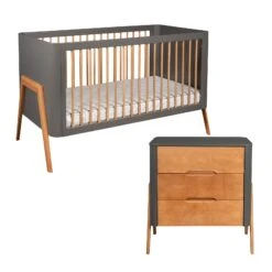 Troll Torsten 2pc Set - Cot Bed And Dresser - Grey/Teak